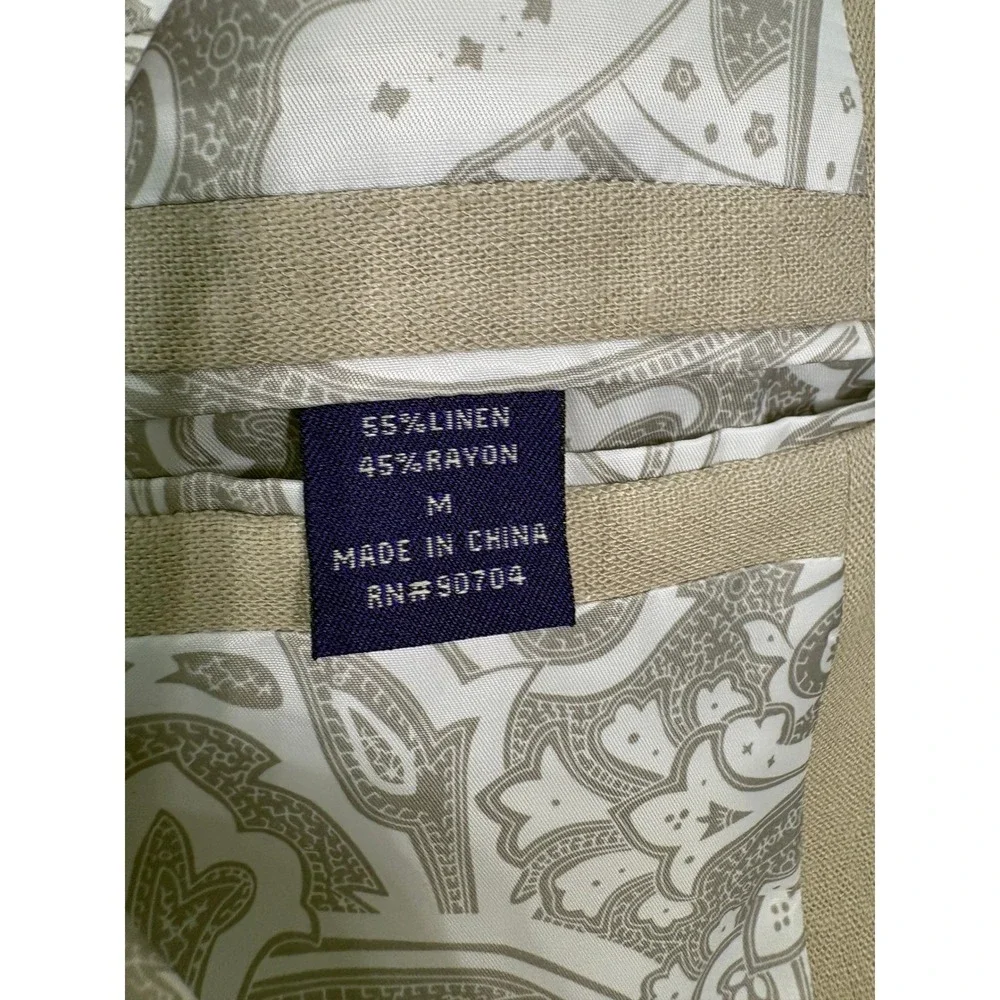 Alan Flusser Linen Suit Mens Medium 36x30 Tan 2 Piece Blazer Pants Beach Wedding
